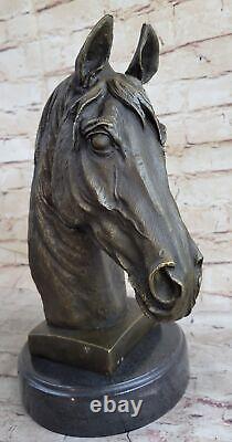 Signed Barye Unique Bronze Horse Head Bust Sculpture Marble Base Statue Figure