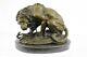 Signed Barye Very Grand Lion Bronze Snake Statue Marble Base Sculpture Art Deco