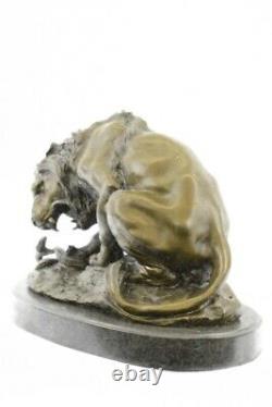 Signed Barye Very Grand Lion Bronze Snake Statue Marble Base Sculpture Art Deco