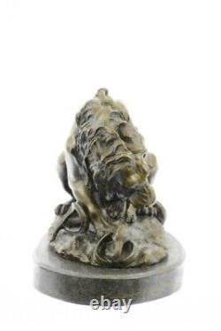 Signed Barye Very Grand Lion Snake Bronze Statue Marble Base Sculpture Art Deco
