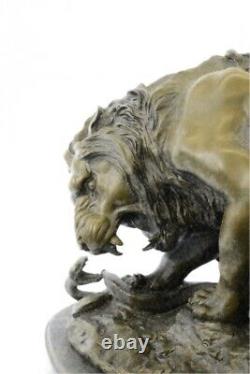 Signed Barye Very Grand Lion Snake Bronze Statue Marble Base Sculpture Art Deco