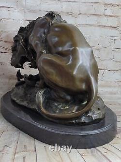 Signed Barye Very Large Lion Serpent Bronze Statue Marble Base Art Deco Sculpture