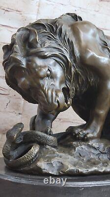 Signed Barye Very Large Lion Serpent Bronze Statue Marble Base Art Deco Sculpture