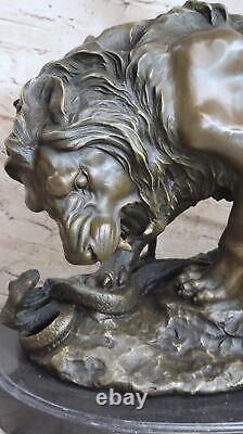 Signed Barye Very Large Lion Serpent Bronze Statue Marble Base Art Deco Sculpture