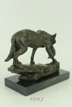 Signed Barye Wolf With Cub Bronze Sculpture Statue Marble Base Figure Art Gift
