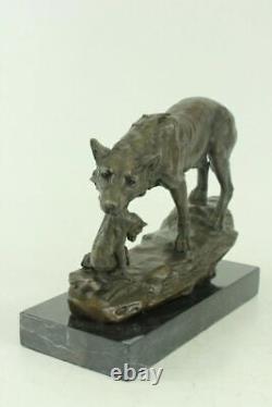 Signed Barye Wolf With Cub Bronze Sculpture Statue Marble Base Figure Art Gift