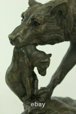 Signed Barye Wolf With Lionceau Bronze Sculpture Statue Marble Base Art Deal
