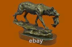 Signed Barye Wolf With Lionceau Bronze Sculpture Statue Marble Base Art Gift