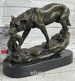 Signed Barye Wolf with Bronze Sculpture Statue Marble Base Figurine Art Gift