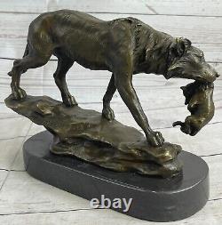 Signed Barye Wolf with Bronze Sculpture Statue Marble Base Figurine Art Gift