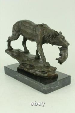 Signed Barye Wolf with Bronze Sculpture Statue Marble Base Figurine Art Sale