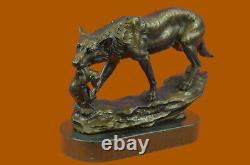 Signed Barye Wolf with Lion Cub Bronze Sculpture Statue Marble Base Art Gift