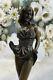 Signed Bronze Art Decor Marble Base Girl With/ Cat Figurine Sculpture