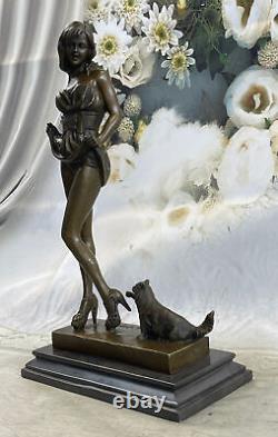 Signed Bronze Art Decor Marble Base Girl With/ Cat Figurine Sculpture