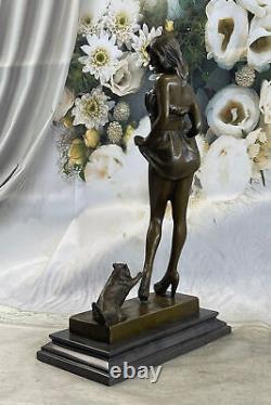 Signed Bronze Art Decor Marble Base Girl With/ Cat Figurine Sculpture