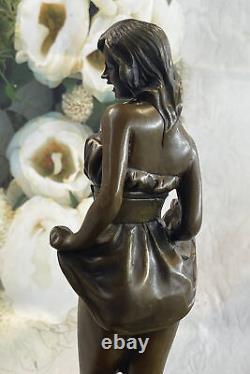 Signed Bronze Art Decor Marble Base Girl With/ Cat Figurine Sculpture