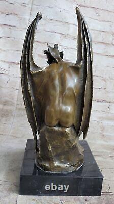 Signed Bronze Classical Sculpture Satan Chair Devil Statue Black Marble Base
