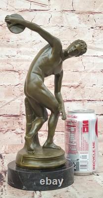 Signed Bronze Discobolus Sculpture by Myron, Bronze Cast Statue, Marble Base