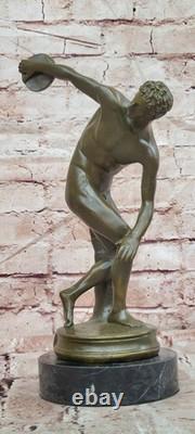 Signed Bronze Discobolus Sculpture by Myron, Bronze Cast Statue, Marble Base