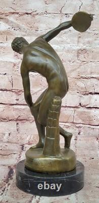 Signed Bronze Discobolus Sculpture by Myron, Bronze Cast Statue, Marble Base