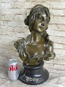 Signed Bronze Handcrafted Classic Woman Bust Sculpture Statue on Marble Base