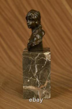 Signed Bronze Marble Base Statue Portrait Bust Woman Girl Art Nouveau Case