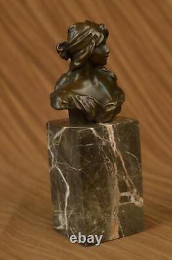 Signed Bronze Marble Base Statue Portrait Bust Woman Girl Art Nouveau Case