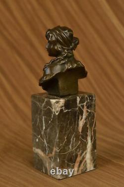 Signed Bronze Marble Base Statue Portrait Bust Woman Girl Art Nouveau Decor
