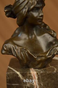 Signed Bronze Marble Base Statue Portrait Bust Woman Girl Art Nouveau Decor