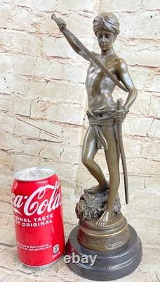 Signed Bronze Marble Statue Donatello David Slaying Goliath Male Nude Classical