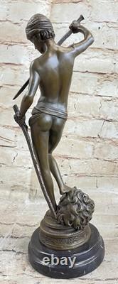 Signed Bronze Marble Statue Donatello David Slaying Goliath Male Nude Classical