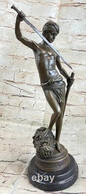 Signed Bronze Marble Statue Donatello David Slaying Goliath Male Nude Classical
