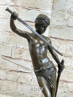 Signed Bronze Marble Statue Donatello David Slaying Goliath Male Nude Classical