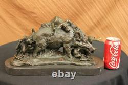 Signed Bronze Marble Wild Boar Hunting Dogs Animal Sculpture Figure Art