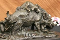 Signed Bronze Marble Wild Boar Hunting Dogs Animal Sculpture Figure Art