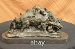 Signed Bronze Marble Wild Boar Hunting Dogs Animal Sculpture Figurine Fonte