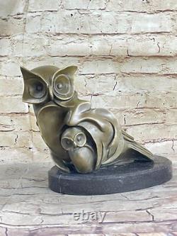 Signed Bronze Owl Sculpture by Barye with Marble Base, Art Deco Style, Hot Cast