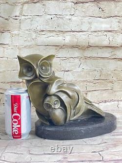 Signed Bronze Owl Sculpture by Barye with Marble Base, Art Deco Style, Hot Cast