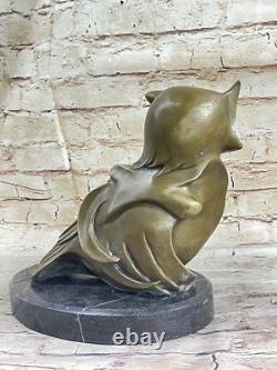 Signed Bronze Owl Sculpture by Barye with Marble Base, Art Deco Style, Hot Cast