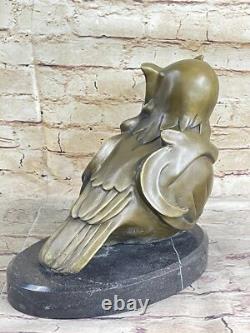 Signed Bronze Owl Sculpture by Barye with Marble Base, Art Deco Style, Hot Cast