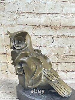 Signed Bronze Owl Sculpture by Barye with Marble Base, Art Deco Style, Hot Cast