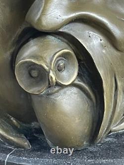 Signed Bronze Owl Sculpture by Barye with Marble Base, Art Deco Style, Hot Cast