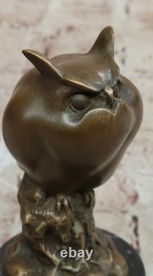 Signed Bronze Owl Sculpture on Marble Base, Wild Animal Art