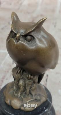 Signed Bronze Owl Sculpture on Marble Base, Wild Animal Art