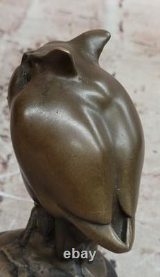 Signed Bronze Owl Sculpture on Marble Base, Wild Animal Art