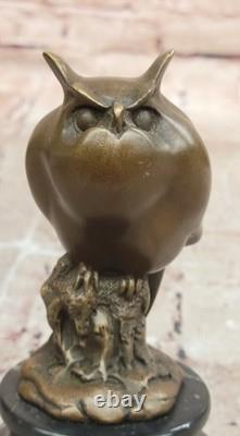 Signed Bronze Owl Sculpture on Marble Base, Wild Animal Art
