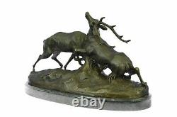 Signed Bronze Reindeer Statue Hunter Deer Elks Detailed Sculpture On Marble Base