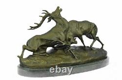 Signed Bronze Reindeer Statue Hunter Deer Elks Detailed Sculpture On Marble Base