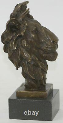 Signed Bronze Royal Lion Statue Sculpture Bust Marble Base Figurine Art