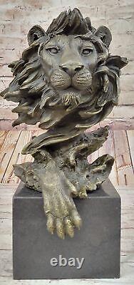 Signed Bronze Royal Lion Statue Sculpture Marble Bust Figurine Base Nr